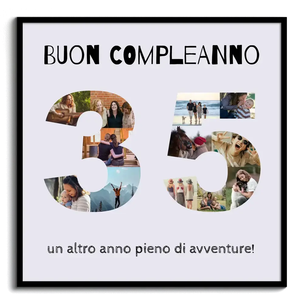 Collage di foto a forma di 35 in cornice nera, un regalo personalizzato per il 35° compleanno