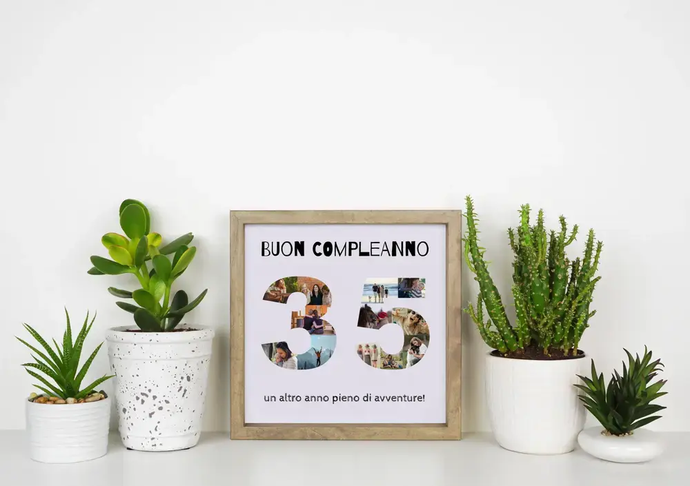 Collage di foto a forma di 35 in cornice di legno tra piante in vaso, idea regalo per il 35° compleanno