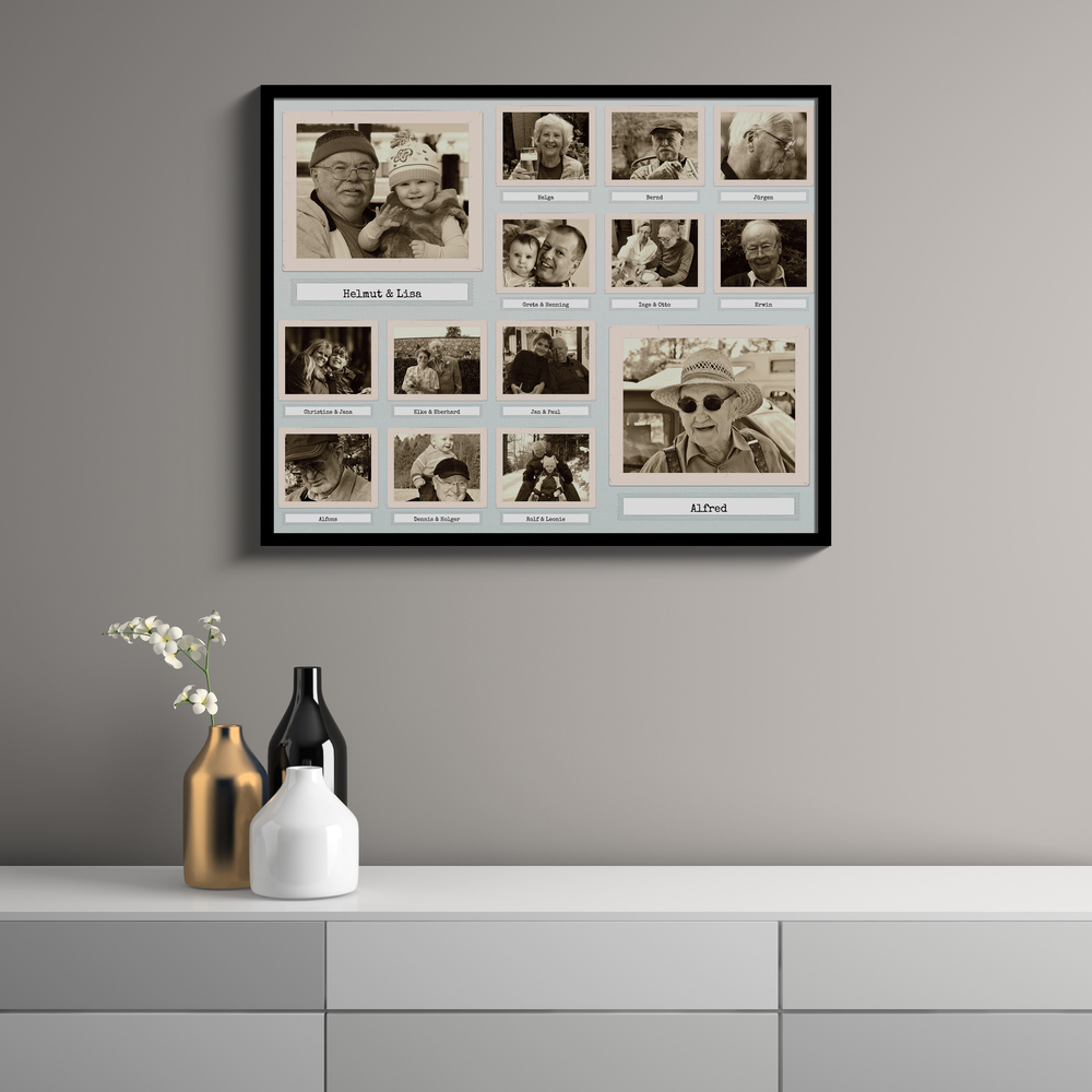 Collage rétro di foto di famiglia seppia in cornice nera sopra una credenza bianca con vasi decorativi