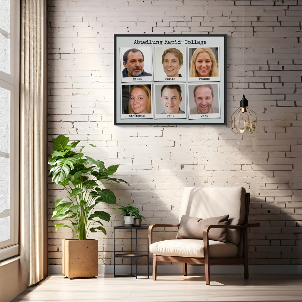 Schwarz gerahmte Team-Fotocollage im Polaroid-Stil an heller Ziegelwand, als persönliches Geschenk für Kollegen
