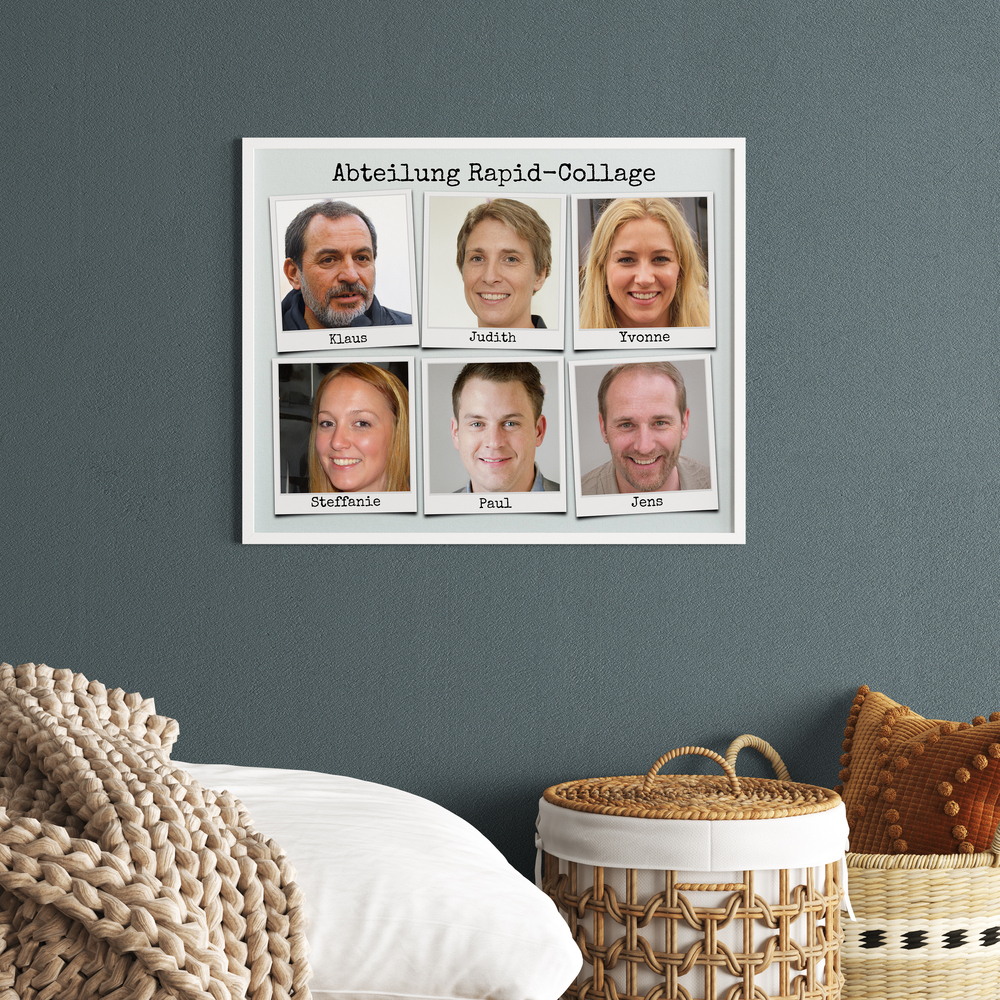 Team-Fotocollage mit sechs Polaroid-Porträts und Namen im weissen Rahmen an dunkelgrauer Wand neben Flechtkörben