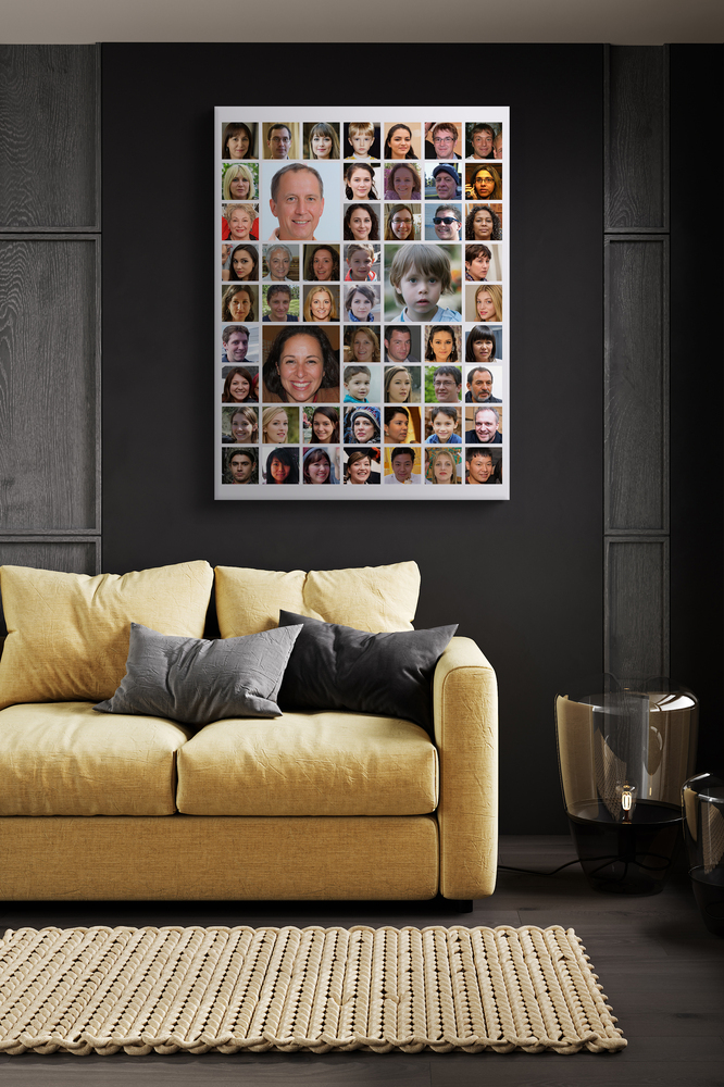 Hochformat-Fotocollage mit quadratischen Porträts und grösseren Highlights an dunkler Wand über einem gelben Sofa