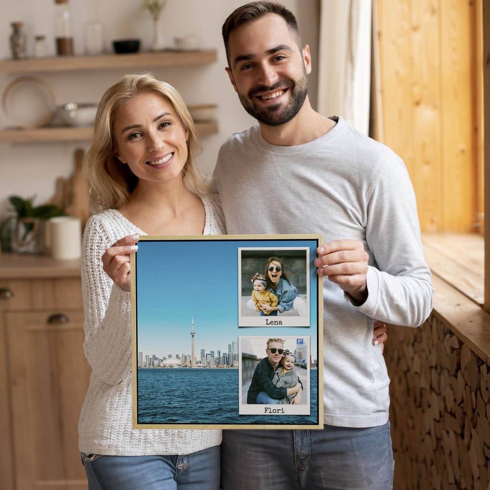 Pêle-mêle de vacances avec panorama urbain et Polaroids dans un cadre doré, cadeau personnalisé pour compagnons de voyage