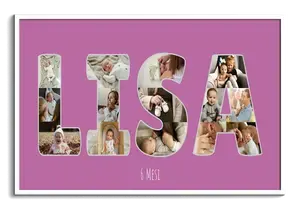 Crea la Collage Fotografie Nome Bimbo - Sfondo Lilla, Personalizza ora!
