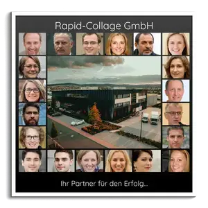 Quadratische Collage „Unser Unternehmen“ mit grossem Foto in der Mitte