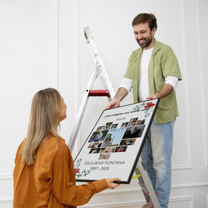 Crea il tuo collage commemorativo: Cuore con fiori e testi personalizzabili Crea il tuo collage commemorativo: Cuore con fiori e testi personalizzabili