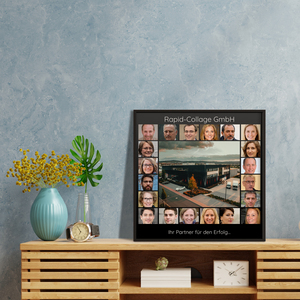 Quadratische Collage „Unser Unternehmen“ mit grossem Foto in der Mitte