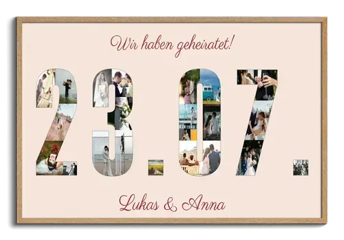 Datum des Hochzeitstags als Fotocollage mit Namen des Brautpaars