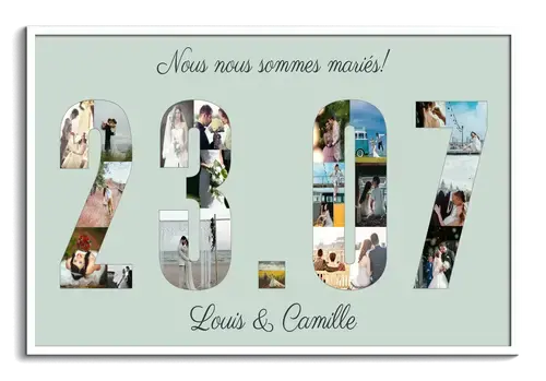 Date de l anniversaire de mariage comme mosaique photo avec noms des maries
