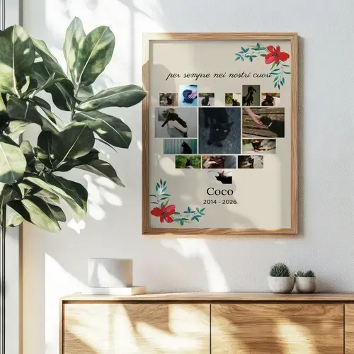 Collage ricordo gatto: foto unica, nome e date