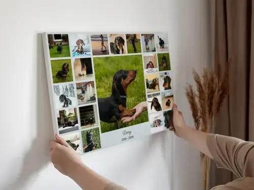 Collage a forma di cane, in ricordo, nome e anni