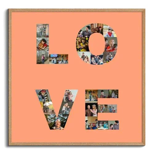 Fotocollage mit Schriftzug LOVE als vier Buchstaben für Familienbilder