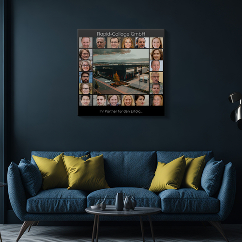 Quadratische Collage „Unser Unternehmen“ mit grossem Foto in der Mitte