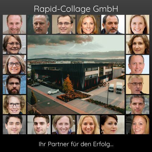 Quadratische Collage „Unser Unternehmen“ mit grossem Foto in der Mitte