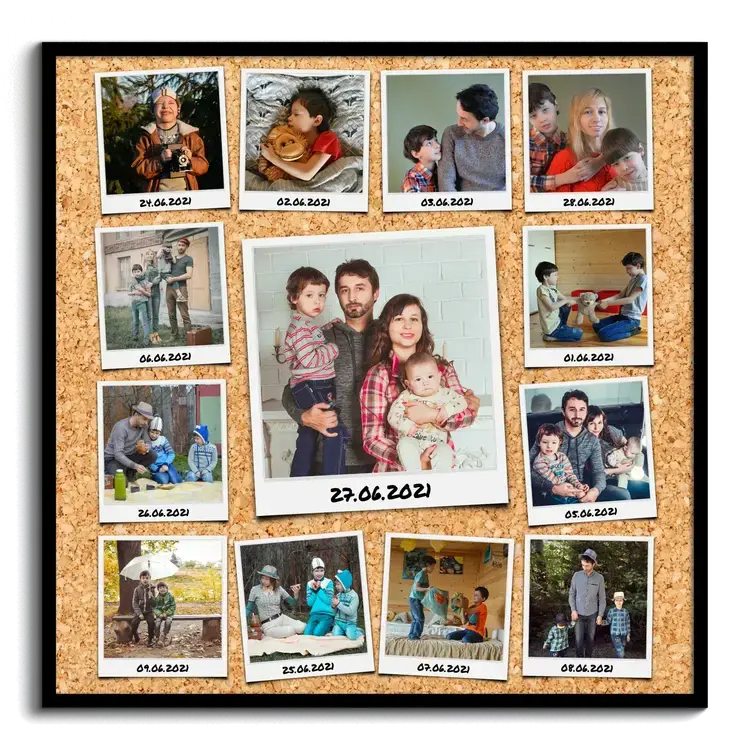Kreative Collage mit beschrifteten Polaroid Fotos auf Pinnwand