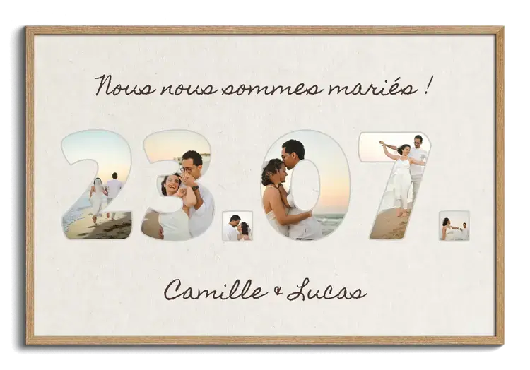 Date de l anniversaire de mariage comme mosaique photo avec noms des maries