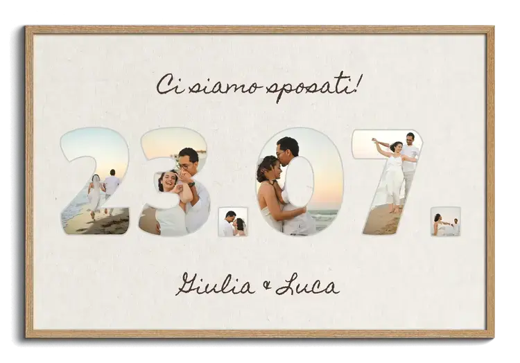 Data dell anniversario di nozze come collage fotografico con i nomi degli sposi