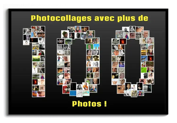 Tableau dans un cadre noir, avec plus de 100 photos formant le nombre 100 sur fond sombre et du texte jaune