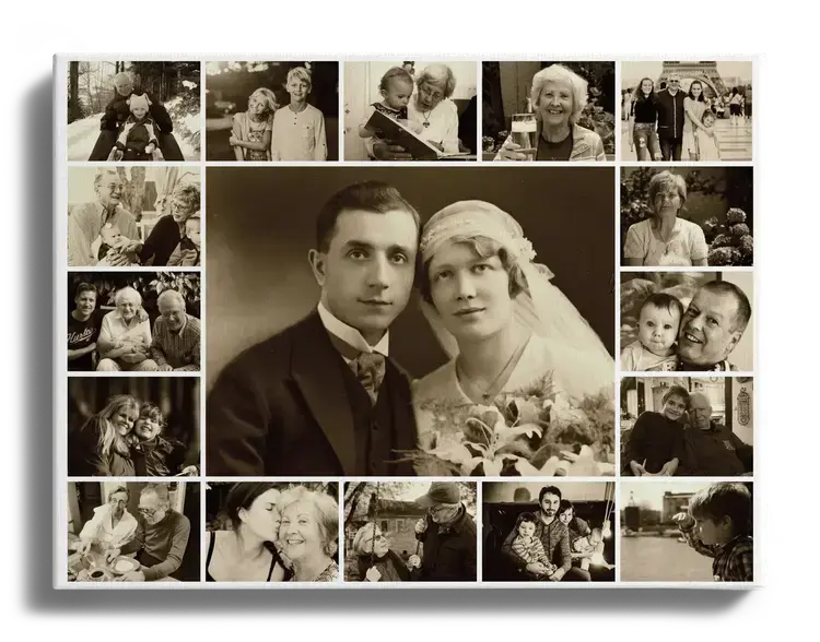 Photo de famille comme mosaique photo avec effet sepia grande photo au centre