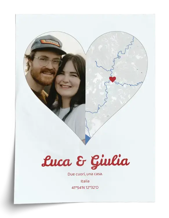 Foto cuore split con mappa e testo personalizzato